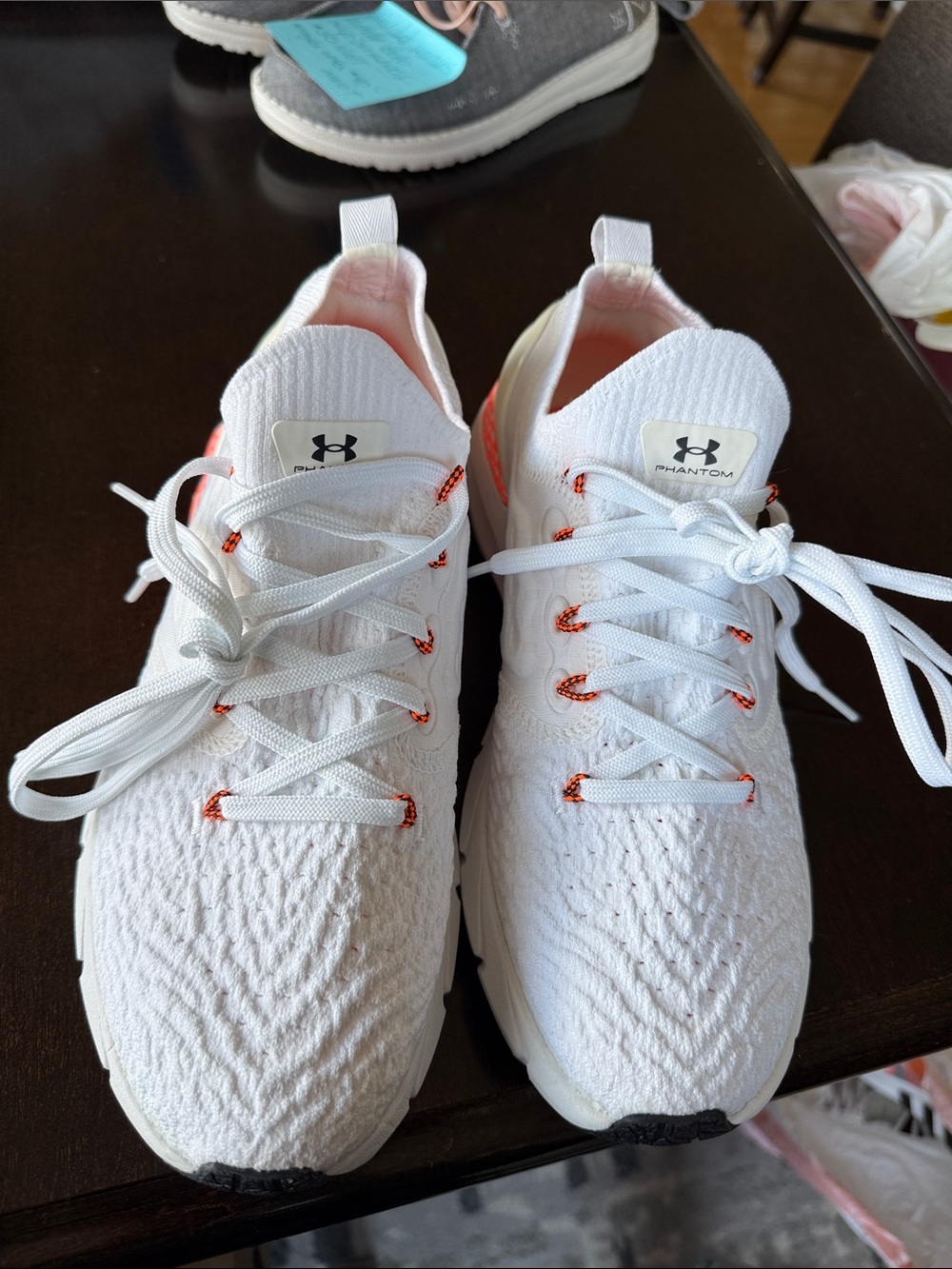 Under Armour White Knit Phantom Sneakers with Orange Eyelet Accents